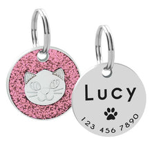 Load image into Gallery viewer, Custom Cat ID Tag Personalized Cat Name Tag Pendant Collar Engraved Cats Kitten Name Plate Accessories Paw Round Glitter Pink
