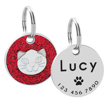 Load image into Gallery viewer, Custom Cat ID Tag Personalized Cat Name Tag Pendant Collar Engraved Cats Kitten Name Plate Accessories Paw Round Glitter Pink
