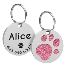 Load image into Gallery viewer, Custom Cat ID Tag Personalized Cat Name Tag Pendant Collar Engraved Cats Kitten Name Plate Accessories Paw Round Glitter Pink

