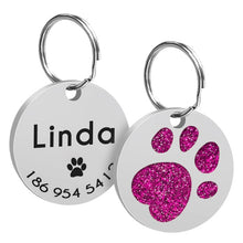 Load image into Gallery viewer, Custom Cat ID Tag Personalized Cat Name Tag Pendant Collar Engraved Cats Kitten Name Plate Accessories Paw Round Glitter Pink

