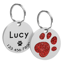 Load image into Gallery viewer, Custom Cat ID Tag Personalized Cat Name Tag Pendant Collar Engraved Cats Kitten Name Plate Accessories Paw Round Glitter Pink

