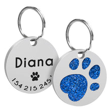 Load image into Gallery viewer, Custom Cat ID Tag Personalized Cat Name Tag Pendant Collar Engraved Cats Kitten Name Plate Accessories Paw Round Glitter Pink
