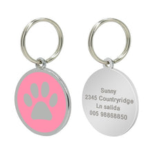 Load image into Gallery viewer, Custom Cat ID Tag Personalized Cat Name Tag Pendant Collar Engraved Cats Kitten Name Plate Accessories Paw Round Glitter Pink
