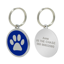Load image into Gallery viewer, Custom Cat ID Tag Personalized Cat Name Tag Pendant Collar Engraved Cats Kitten Name Plate Accessories Paw Round Glitter Pink
