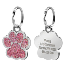 Load image into Gallery viewer, Custom Cat ID Tag Personalized Cat Name Tag Pendant Collar Engraved Cats Kitten Name Plate Accessories Paw Round Glitter Pink
