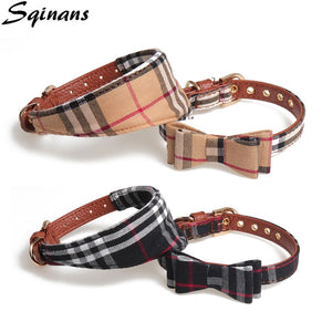 Sqinans 2 Colors Plaid Dog Collar PU Leather Cat Collars Adjustable Breathable Puppy Cats Collar Scarf S/M/L