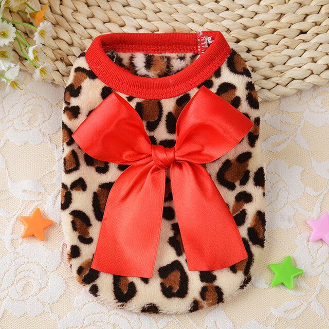 Cute Small Puppy Dog Clothes Bowknot Autumn Winter Leopard Fleece Pet Dog Coat Kitten Doggie Teacup Dog Clothes XXXS XXS Red Pin