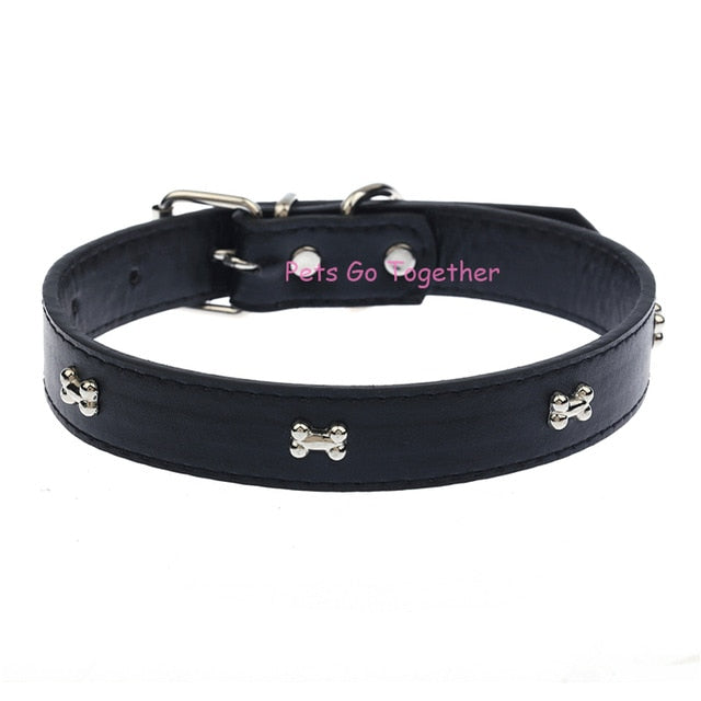5 Colors Bone Pet Dog Collar Durable PU Leather Adjustable Puppy Cat Strap Collar XS/S/M/L