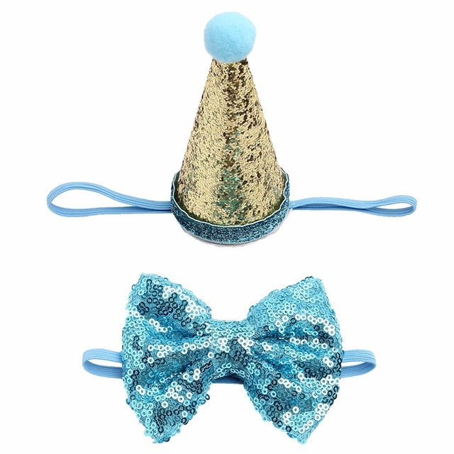 2Pcs/set Pet Dogs Caps With Bowknot Cat Dog Birthday Costume Sequin Design Headwear Cap Hat Christmas Party Pets Accessories