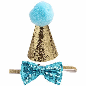 2Pcs/set Pet Dogs Caps With Bowknot Cat Dog Birthday Costume Sequin Design Headwear Cap Hat Christmas Party Pets Accessories