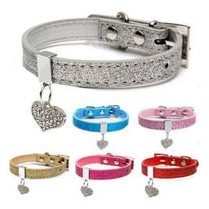 Pet Dog Cat Collar Bling Love Heart Crystal Pendants Necklace Safety Soft Leather Kitten Puppy Neck Strap Animal Accessories