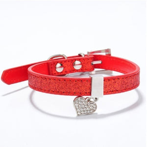 Pet Dog Cat Collar Bling Love Heart Crystal Pendants Necklace Safety Soft Leather Kitten Puppy Neck Strap Animal Accessories
